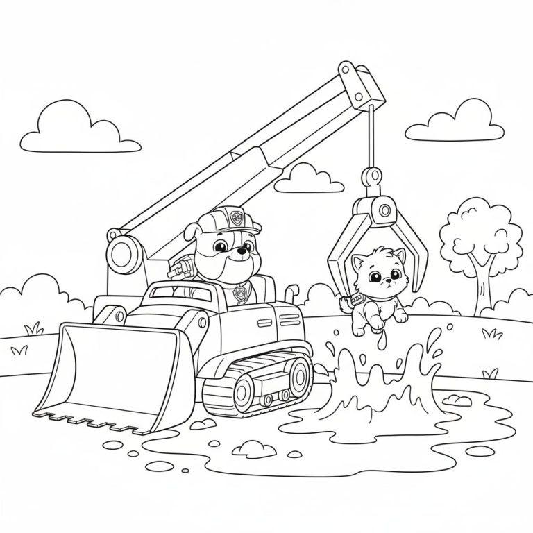 Rubble von Paw Patrol in seinem Bagger hebt ein Kätzchen mit einem Kran aus dem Wasser. Eine Schwarz-Weiß-Malvorlage für Kinder.