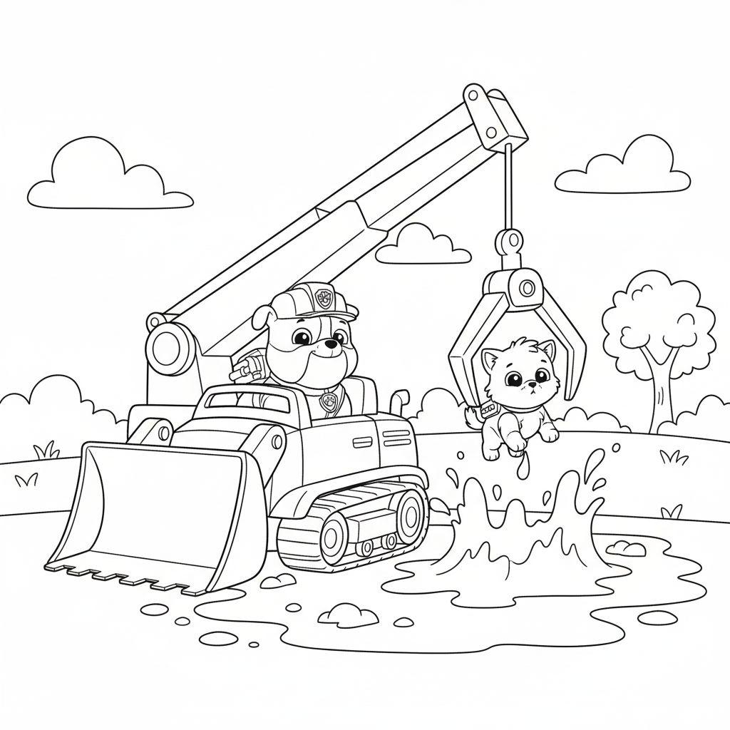 Rubble von Paw Patrol in seinem Bagger hebt ein Kätzchen mit einem Kran aus dem Wasser. Eine Schwarz-Weiß-Malvorlage für Kinder.
