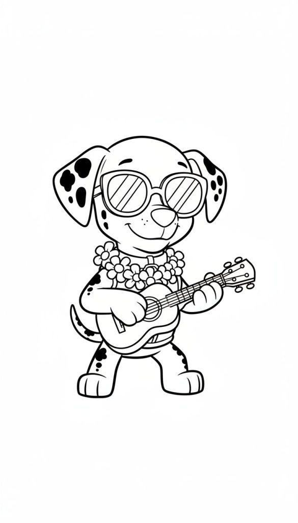Schwarz-weißes Ausmalbild eines Dalmatiener-Welpen Marshall mit Sonnenbrille, Blumenkette und Ukulele.