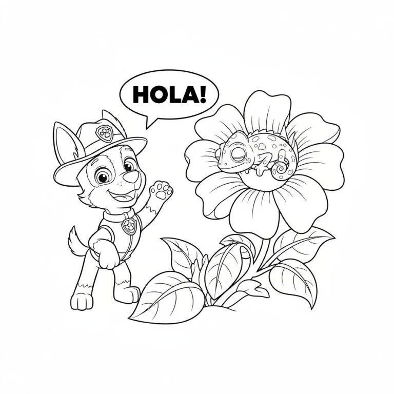 Schwarz-Weiß-Ausmalbild: Tracker, der Dschungel-Rettungshund von Paw Patrol, winkt fröhlich mit einer 'HOLA!'-Sprechblase. Rechts daneben sitzt ein kleines Chamäleon auf einer großen Blume, umgeben von Blättern.