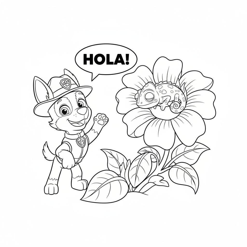 Schwarz-Weiß-Ausmalbild: Tracker, der Dschungel-Rettungshund von Paw Patrol, winkt fröhlich mit einer 'HOLA!'-Sprechblase. Rechts daneben sitzt ein kleines Chamäleon auf einer großen Blume, umgeben von Blättern.