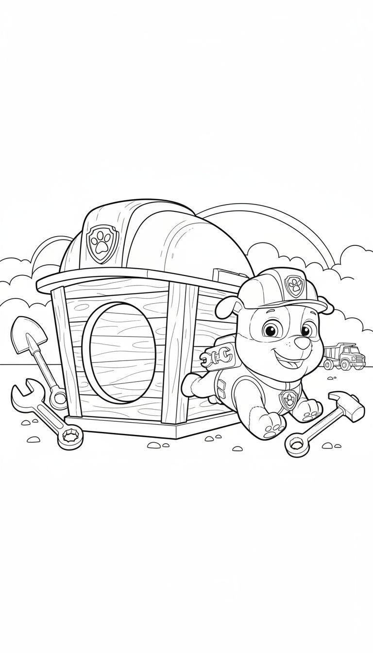 Schwarz-Weiß-Malvorlage von Rubble (Paw Patrol) als lachender Bauhund mit Helm, der mit einem Hammer aus einer Holzhütte kommt. Im Hintergrund Kipplaster und Regenbogen.