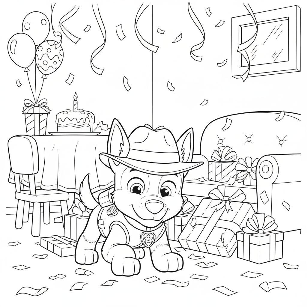 Ausmalbild: Chase (Paw Patrol) auf einem Geburtstag mit Kuchen, Geschenken, Ballons und Konfetti.