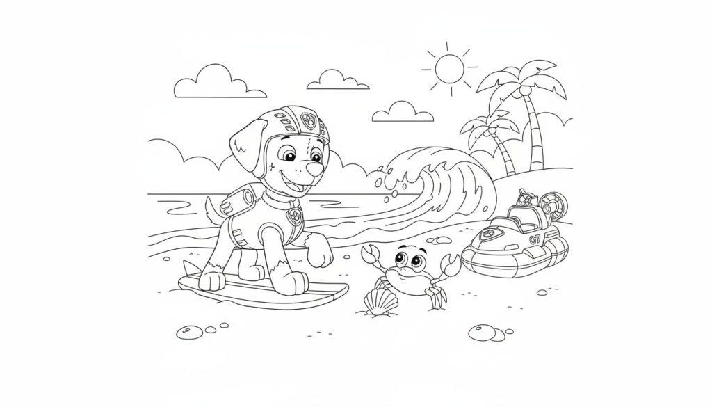 Ausmalbild: Marshall von Paw Patrol auf Surfbrett am Strand, lächelnd, in roter Ausrüstung, mit einer Krabbe, Palmen, Meer und einem Rettungsfahrzeug mit der Nummer '07'.