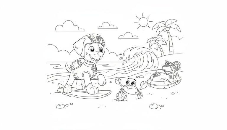 Ausmalbild: Marshall von Paw Patrol auf Surfbrett am Strand, lächelnd, in roter Ausrüstung, mit einer Krabbe, Palmen, Meer und einem Rettungsfahrzeug mit der Nummer '07'.