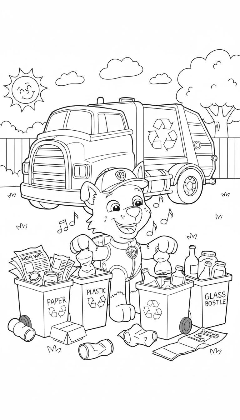 Ausmalbild: Rocky der Hund sortiert Müll in drei Behälter (Papier, Plastik, Glas) vor einem Recycling-LKW, Sonne und Baum. Er hält eine Plastikflasche und singt.