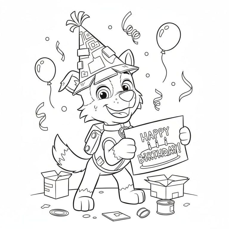 Schwarz-Weiß-Ausmalbild von Rocky (Paw Patrol) mit Partyhut, der ein "HAPPY BIRTHDAY!"-Schild mit Torte hält, umgeben von Ballons, Konfetti und Geschenken.