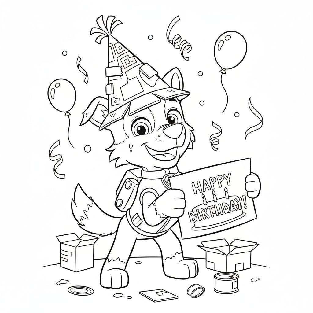 Schwarz-Weiß-Ausmalbild von Rocky (Paw Patrol) mit Partyhut, der ein "HAPPY BIRTHDAY!"-Schild mit Torte hält, umgeben von Ballons, Konfetti und Geschenken.