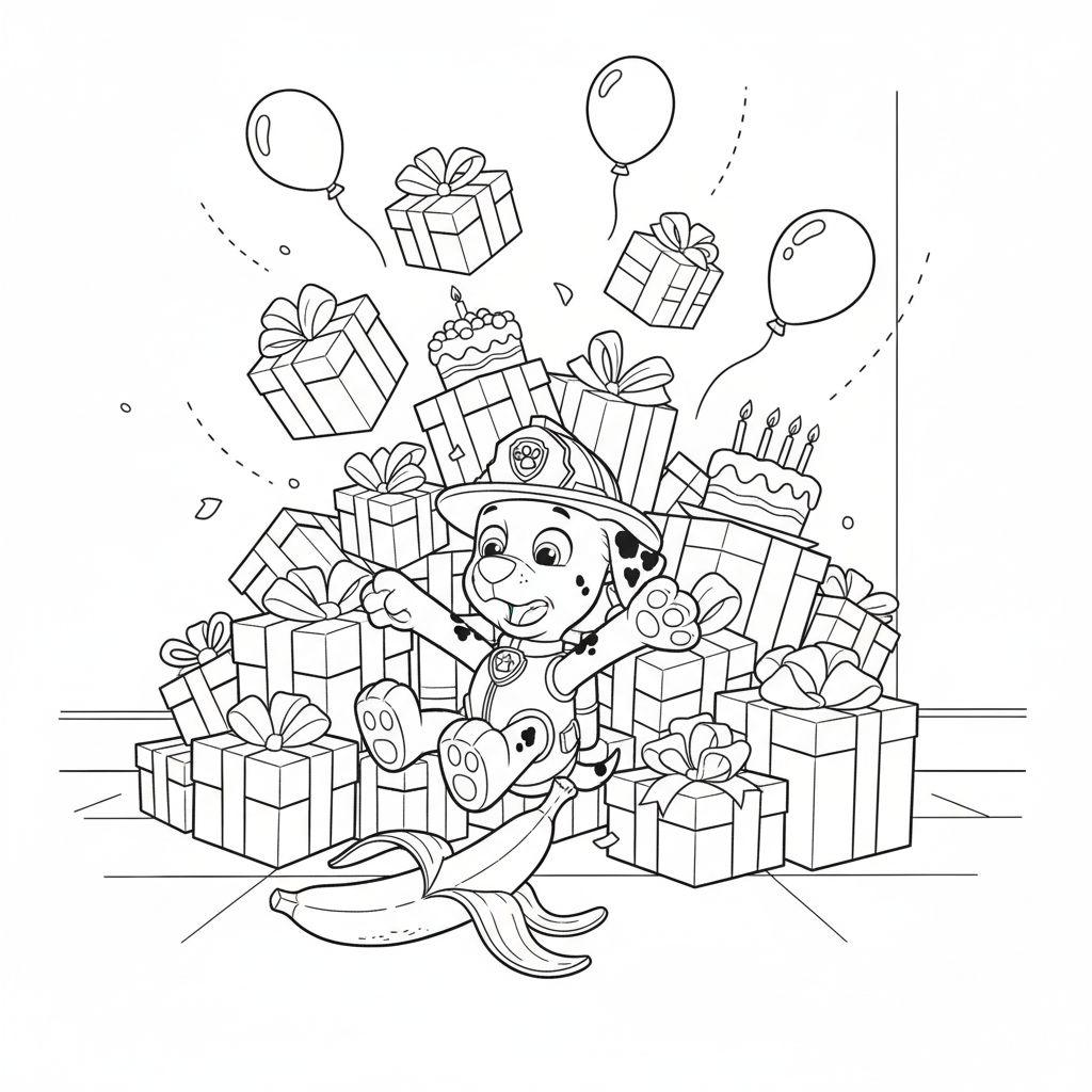 Marshall von Paw Patrol springt freudig inmitten eines Bergs von Geschenken, Ballons und Geburtstagskuchen. Ein festliches Ausmalbild für Kinder.