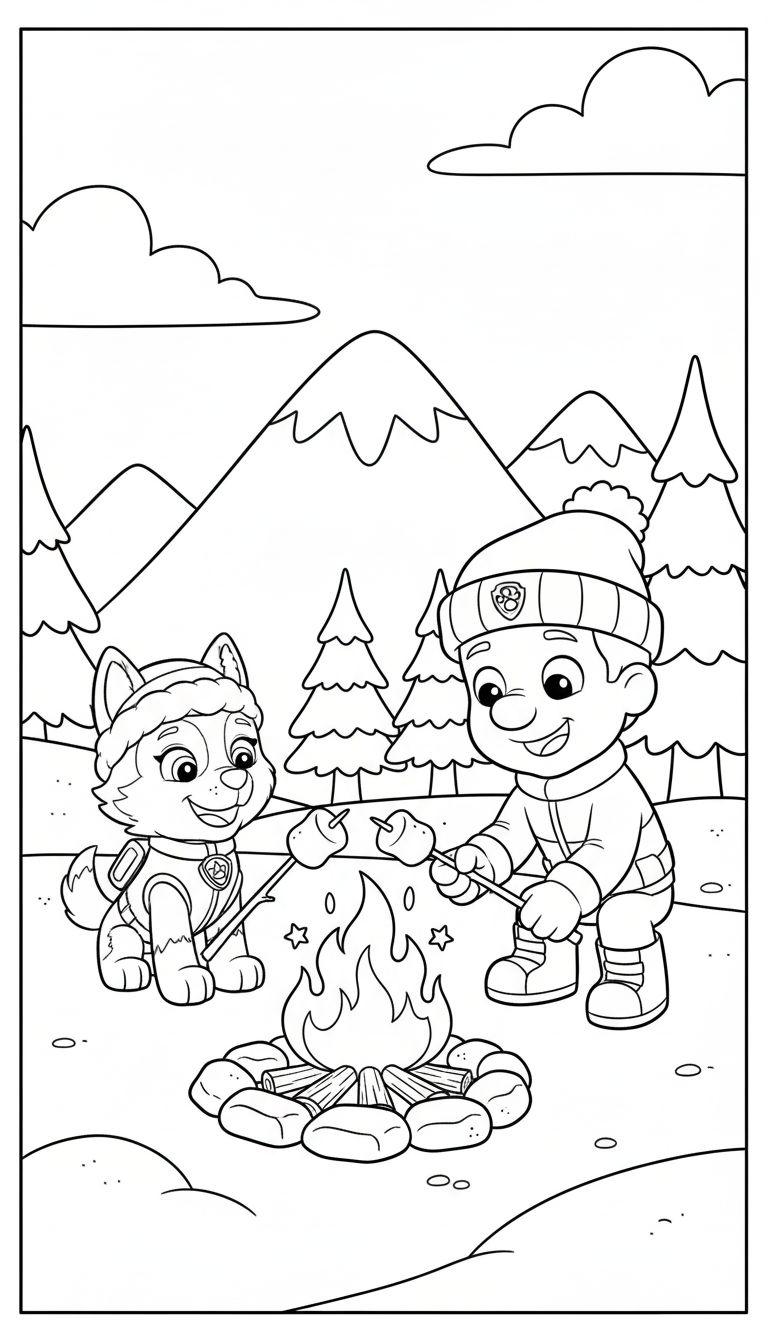 Everest und Marshall von Paw Patrol rösten Marshmallows an einem Lagerfeuer in winterlicher Bergkulisse. Everest trägt eine warme Mütze und lächelt.