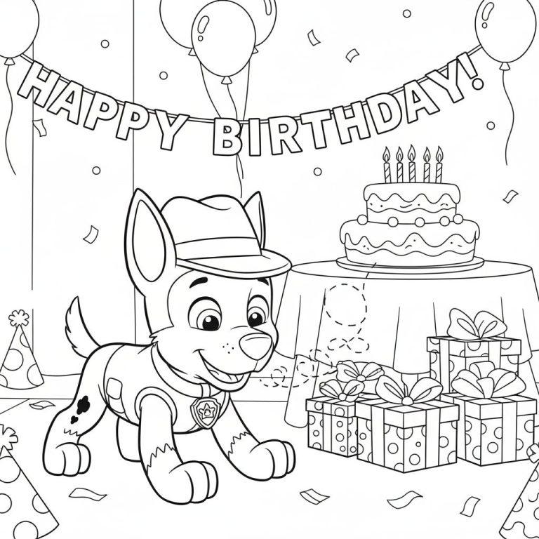 Ausmalbild: Chase von Paw Patrol bei seiner Geburtstagsparty mit Kuchen, Geschenken, Ballons und Konfetti.