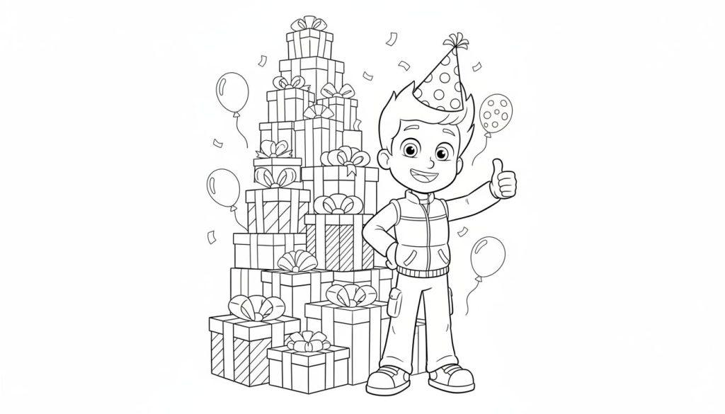 Ausmalseite: Glücklicher Junge Ryder mit Partyhut, Daumen hoch, umgeben von einem hohen Stapel Geschenke, Ballons und Konfetti.
