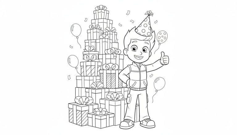 Ausmalseite: Glücklicher Junge Ryder mit Partyhut, Daumen hoch, umgeben von einem hohen Stapel Geschenke, Ballons und Konfetti.