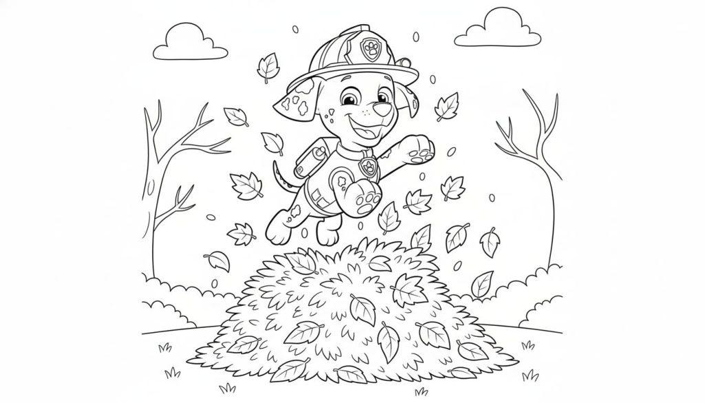 Ausmalbild von Marshall aus Paw Patrol, der fröhlich in einen großen Haufen Herbstblätter springt. Er trägt seinen Feuerwehrhelm, umgeben von fallenden Blättern, kahlen Bäumen und Wolken.