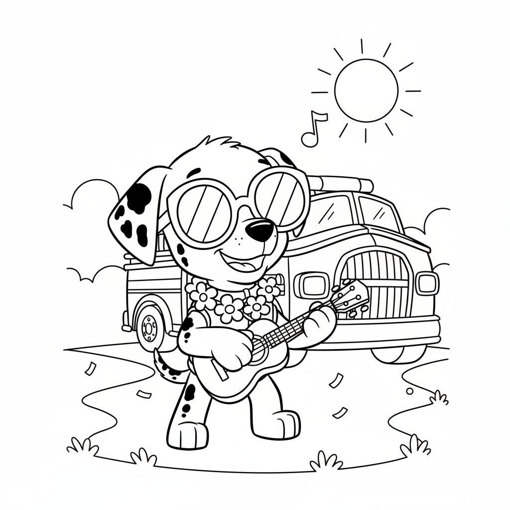 Fröhlicher Dalmatiner-Hund Marshall mit Sonnenbrille und Blumenkette spielt Gitarre vor einem klassischen Feuerwehrwagen unter der Sonne mit einer Musiknote.