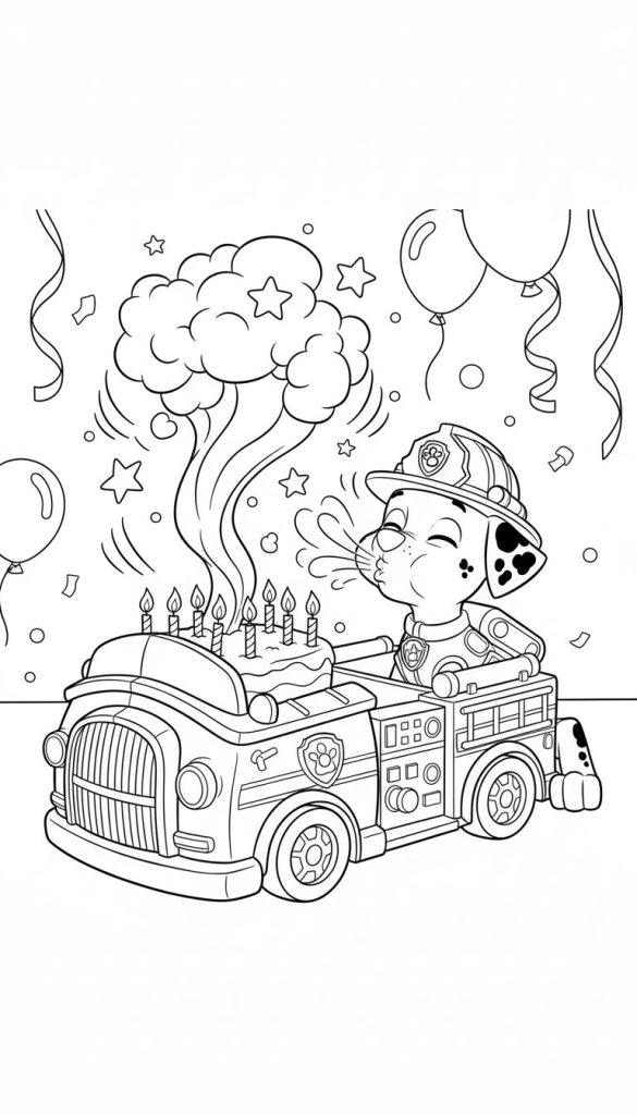 Marshall von Paw Patrol im Feuerwehrwagen bläst Kerzen auf einer Geburtstagstorte mit sieben Kerzen aus, umgeben von Ballons und Konfetti.