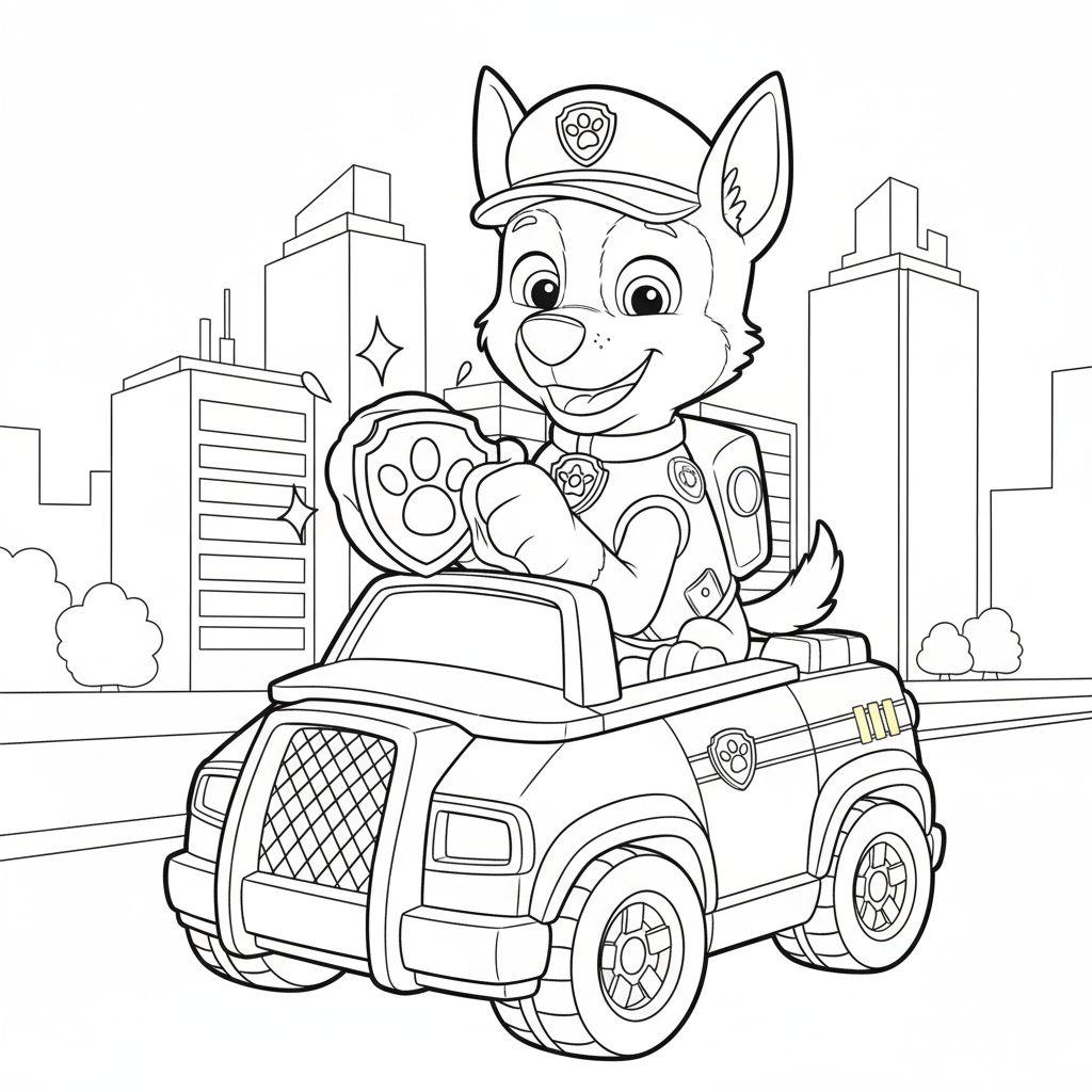 Ausmalbild: Chase, der Polizeihund von Paw Patrol, sitzt lachend in einem offenen Polizeijeep und hält ein Schild mit Pfotenabdruck, vor einer Stadtkulisse.