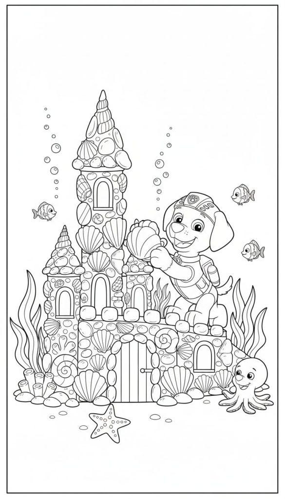 Malvorlage: Zuma, der Welpe im Taucheranzug, hält eine Muschel vor einem Unterwasserschloss aus Muscheln und Steinen, umgeben von Fischen, einem Oktopus und einem Seestern.