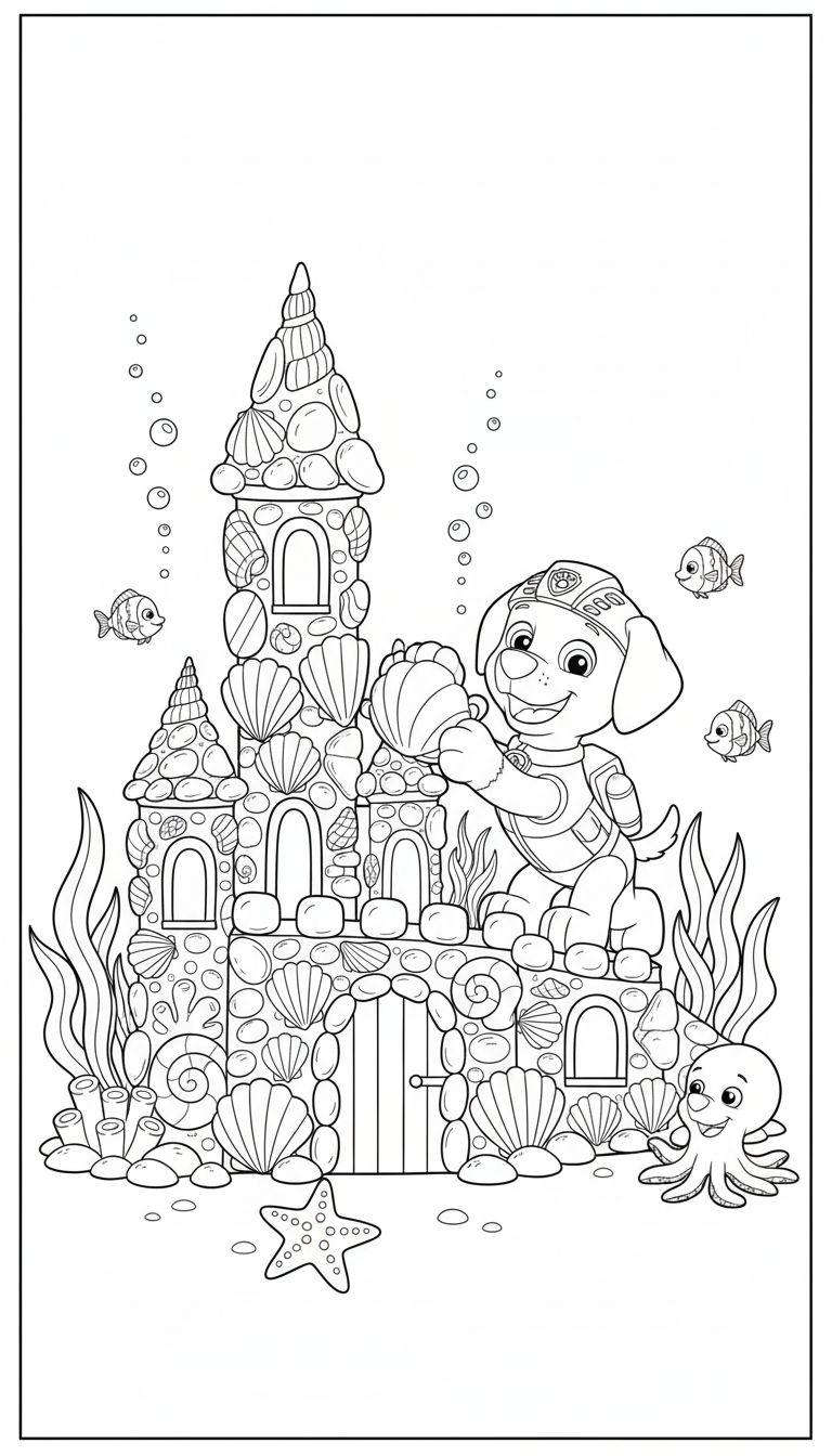 Malvorlage: Zuma, der Welpe im Taucheranzug, hält eine Muschel vor einem Unterwasserschloss aus Muscheln und Steinen, umgeben von Fischen, einem Oktopus und einem Seestern.