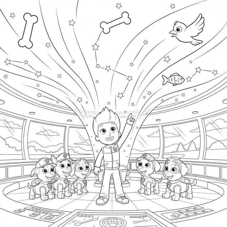 Ausmalbild von Paw Patrol: Ryder mit sechs Welpen (Marshall, Chase, Rubble, Zuma, Skye, Rocky) in einer Kommandozentrale, die nach oben zu schwebenden Sternen, Knochen, einem Vogel und einem Fisch blicken.