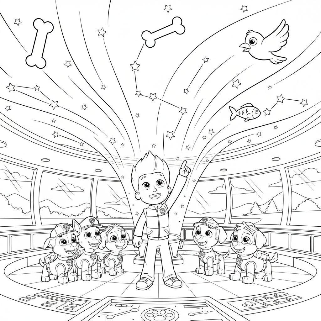 Ausmalbild von Paw Patrol: Ryder mit sechs Welpen (Marshall, Chase, Rubble, Zuma, Skye, Rocky) in einer Kommandozentrale, die nach oben zu schwebenden Sternen, Knochen, einem Vogel und einem Fisch blicken.