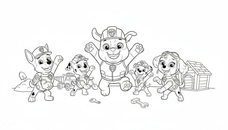 Paw Patrol Ausmalbild mit Rubble, Chase, Marshall, Skye und einem weiteren Hund. Rubble steht lachend im Zentrum mit Bauhelm und Werkzeugen am Boden.