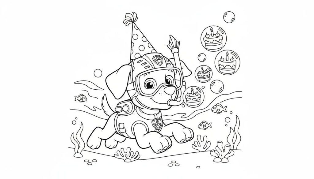 Schwarz-weiße Ausmalseite von Zuma aus Paw Patrol unter Wasser. Er trägt Tauchausrüstung, einen Partyhut und lacht, umgeben von Geburtstagskuchen-Blasen, Seegras und Fischen.