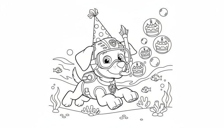 Schwarz-weiße Ausmalseite von Zuma aus Paw Patrol unter Wasser. Er trägt Tauchausrüstung, einen Partyhut und lacht, umgeben von Geburtstagskuchen-Blasen, Seegras und Fischen.