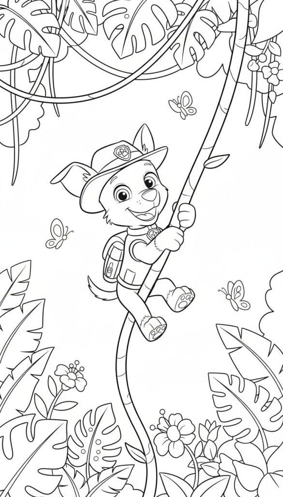 Schwarz-weißes Ausmalbild von Tracker dem Hund, der an einer Liane durch den Dschungel schwingt, umgeben von Blättern, Blumen und Schmetterlingen.