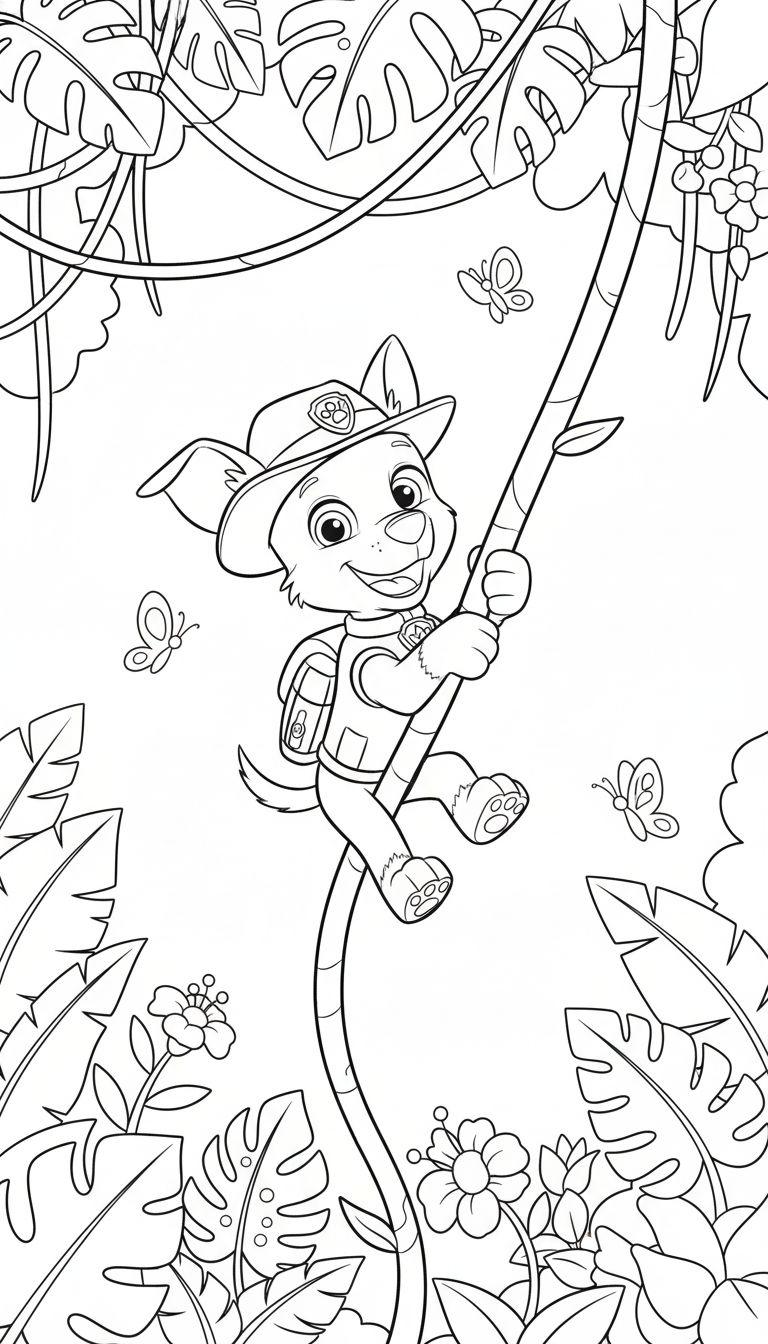 Schwarz-weißes Ausmalbild von Tracker dem Hund, der an einer Liane durch den Dschungel schwingt, umgeben von Blättern, Blumen und Schmetterlingen.