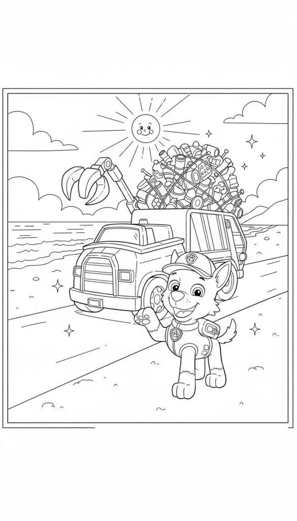 Rocky von Paw Patrol winkt fröhlich vor einem Recyclingwagen, der mit Abfall beladen ist, am Meeresstrand. Sonne und Wolken am Himmel.