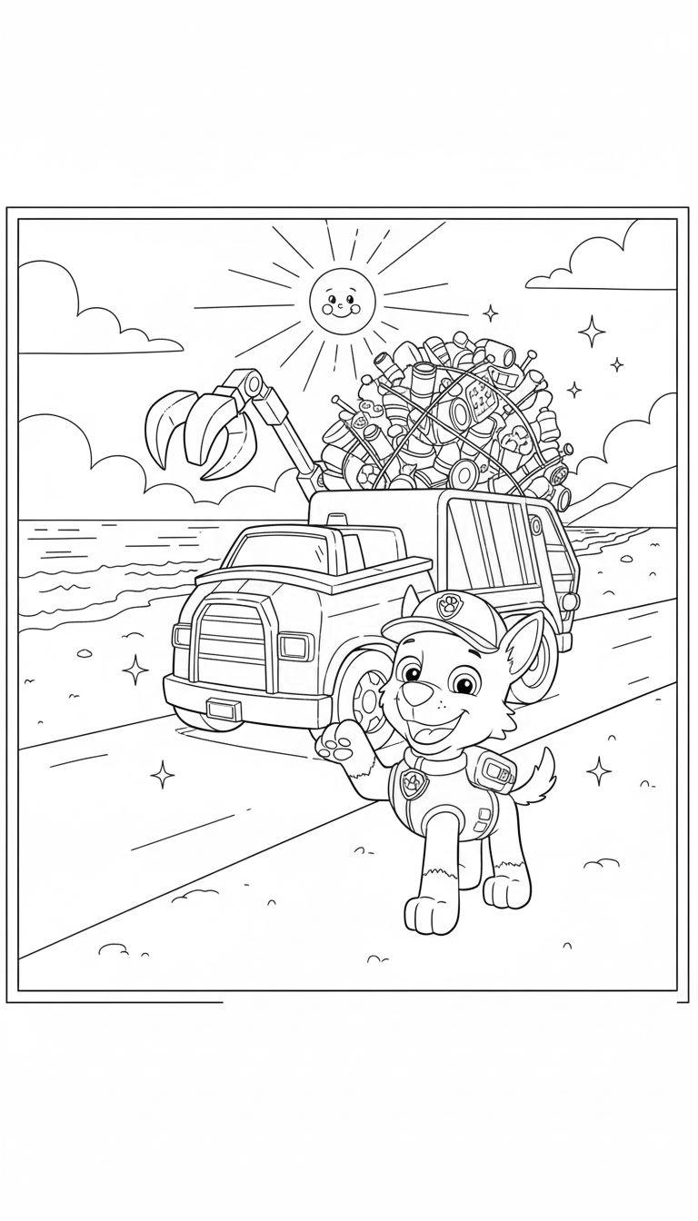 Rocky von Paw Patrol winkt fröhlich vor einem Recyclingwagen, der mit Abfall beladen ist, am Meeresstrand. Sonne und Wolken am Himmel.