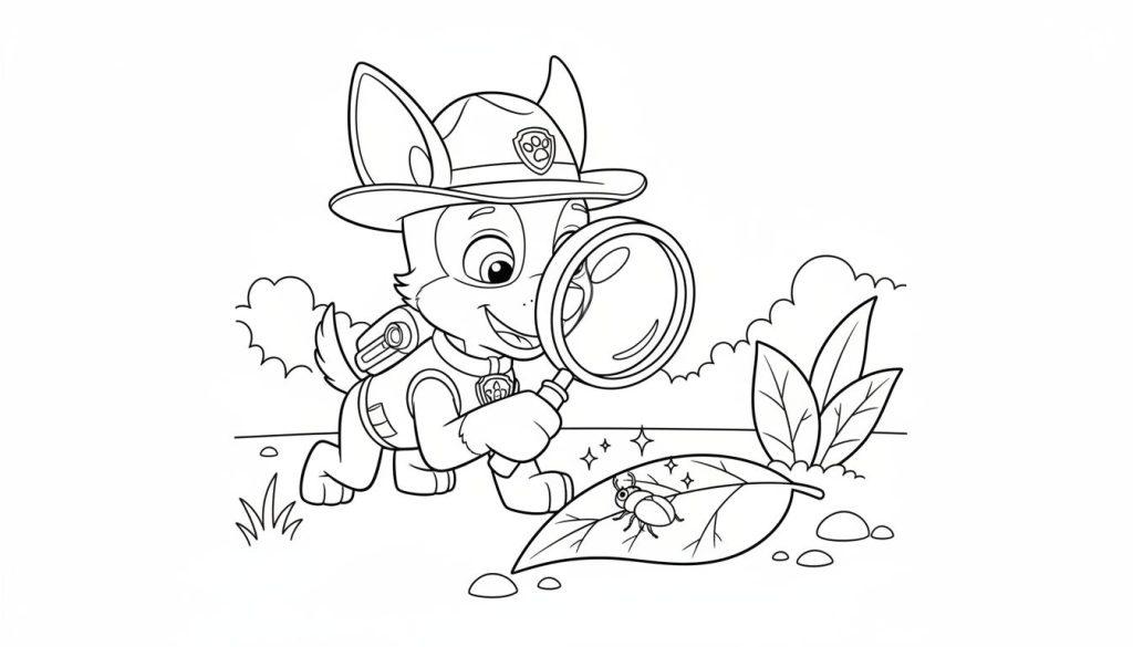 Schwarz-weiß Ausmalbild von Paw Patrols Chase, der mit einer Lupe ein Käfer auf einem Blatt in der Natur beobachtet.