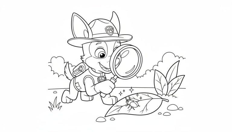 Schwarz-weiß Ausmalbild von Paw Patrols Chase, der mit einer Lupe ein Käfer auf einem Blatt in der Natur beobachtet.