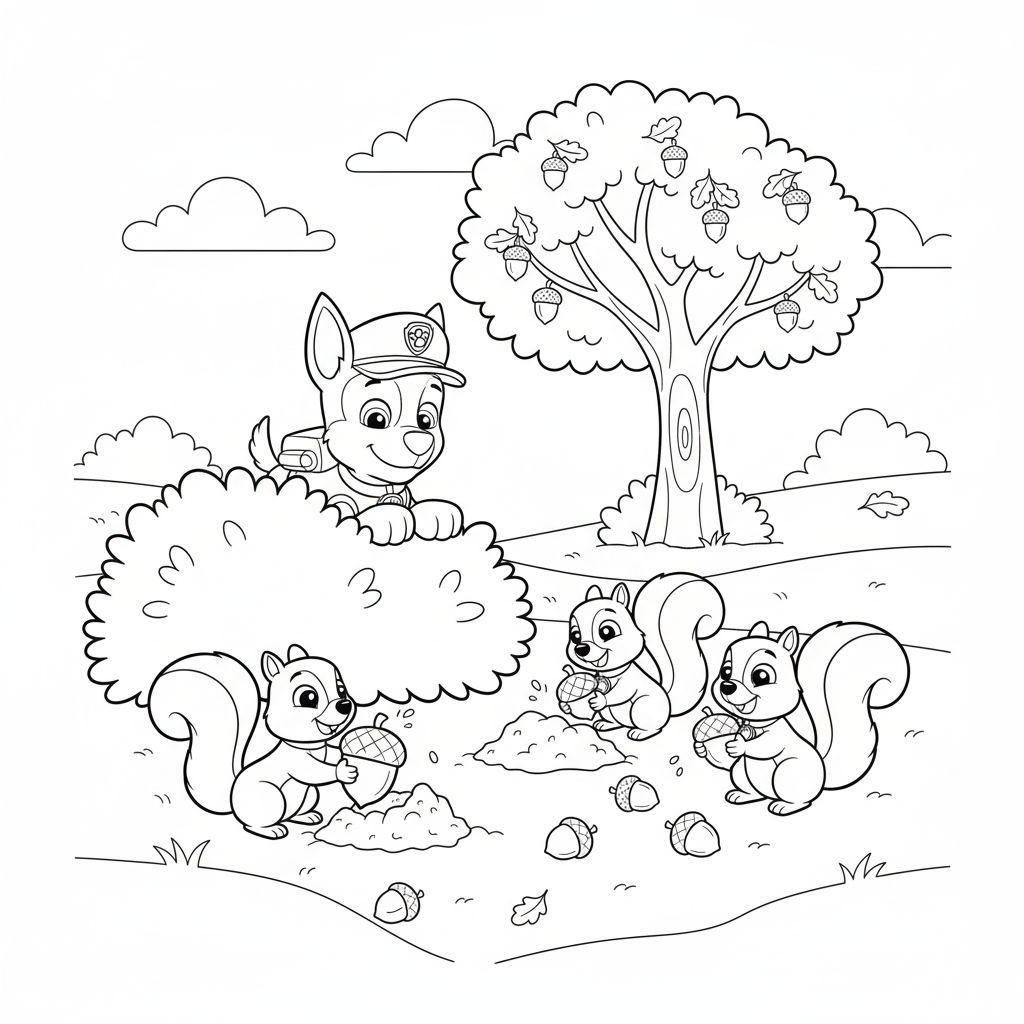 Schwarz-Weiß-Malvorlage: Chase (Paw Patrol-ähnlich) mit Polizeikappe beobachtet drei Eichhörnchen beim Eichelsammeln unter einem Eichenbaum.