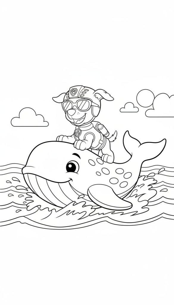 Ausmalbild von Zuma (Paw Patrol) mit Mütze und Brille in Rettungsweste auf dem Rücken eines lächelnden Wals im Meer.