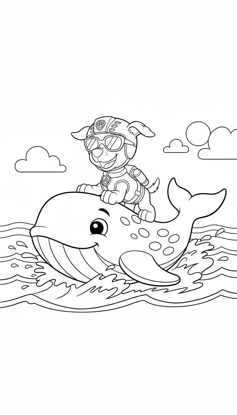 Ausmalbild von Zuma (Paw Patrol) mit Mütze und Brille in Rettungsweste auf dem Rücken eines lächelnden Wals im Meer.