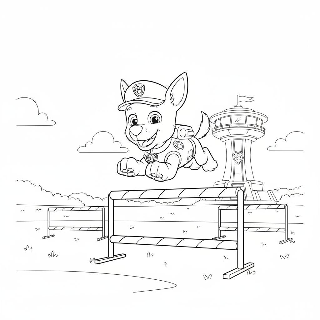 Paw Patrol Ausmalbild mit Chase als Polizeihund, der über ein Hindernis springt, mit dem Paw Patrol Aussichtsturm im Hintergrund.