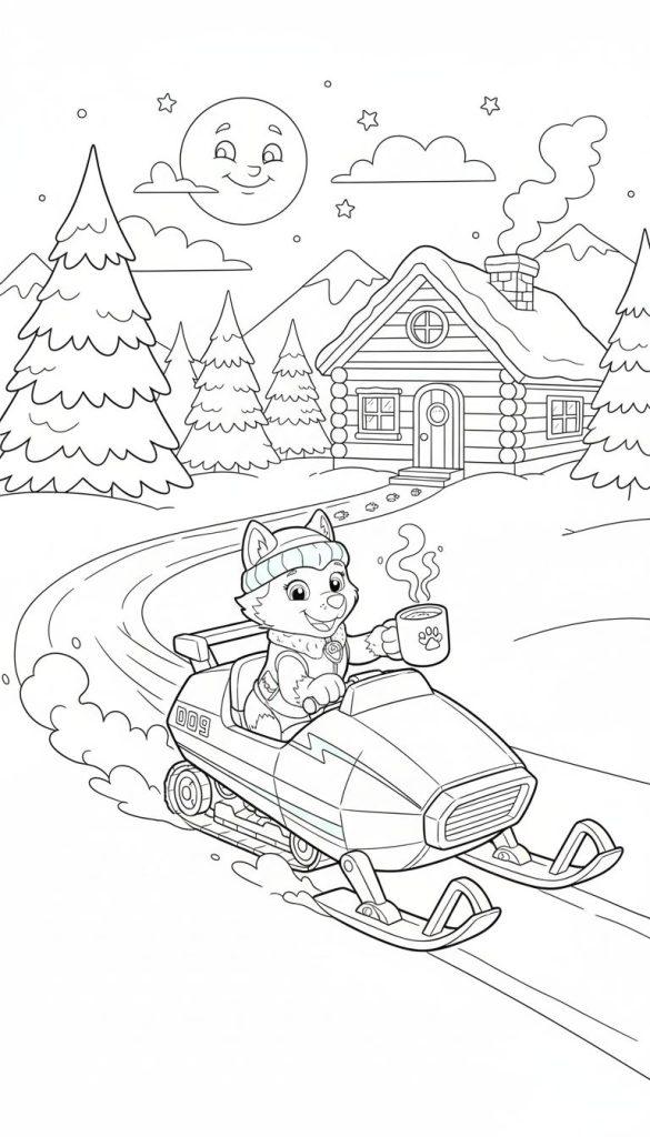 Ausmalseite: Fröhlicher Hund mit Mütze fährt auf Schneemobil ('009') durch verschneite Landschaft mit Blockhütte, Everest-Bergen und lächelndem Mond.