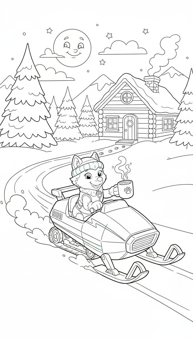 Ausmalseite: Fröhlicher Hund mit Mütze fährt auf Schneemobil ('009') durch verschneite Landschaft mit Blockhütte, Everest-Bergen und lächelndem Mond.