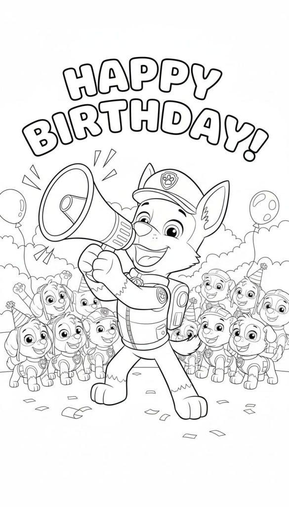 Schwarz-weißes Paw Patrol Geburtstag Ausmalbild mit lachendem Chase, der ein Megafon hält, umgeben von den Welpen Skye, Marshall, Rubble, Rocky und Zuma, einige mit Partyhüten. Oben steht 'HAPPY BIRTHDAY!', mit Ballons und Konfetti am Boden.