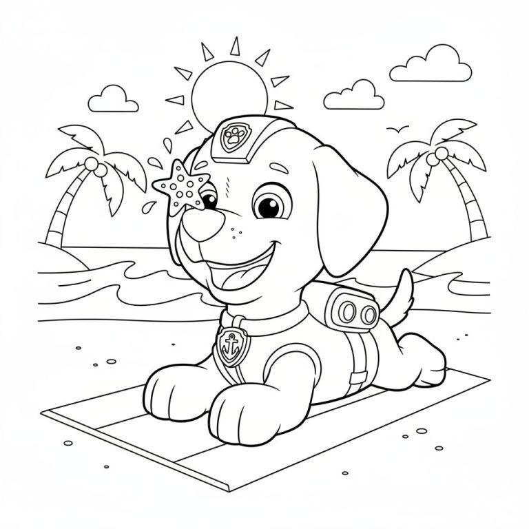 Zuma der Hund liegt auf einem Strandtuch am Strand, lacht, hat einen Seestern auf der Nase und trägt eine Kappe mit Pfotenabdruck und ein Anker-Geschirr. Im Hintergrund sind Meer, Palmen und Sonne. Schwarz-weiß Ausmalbild.