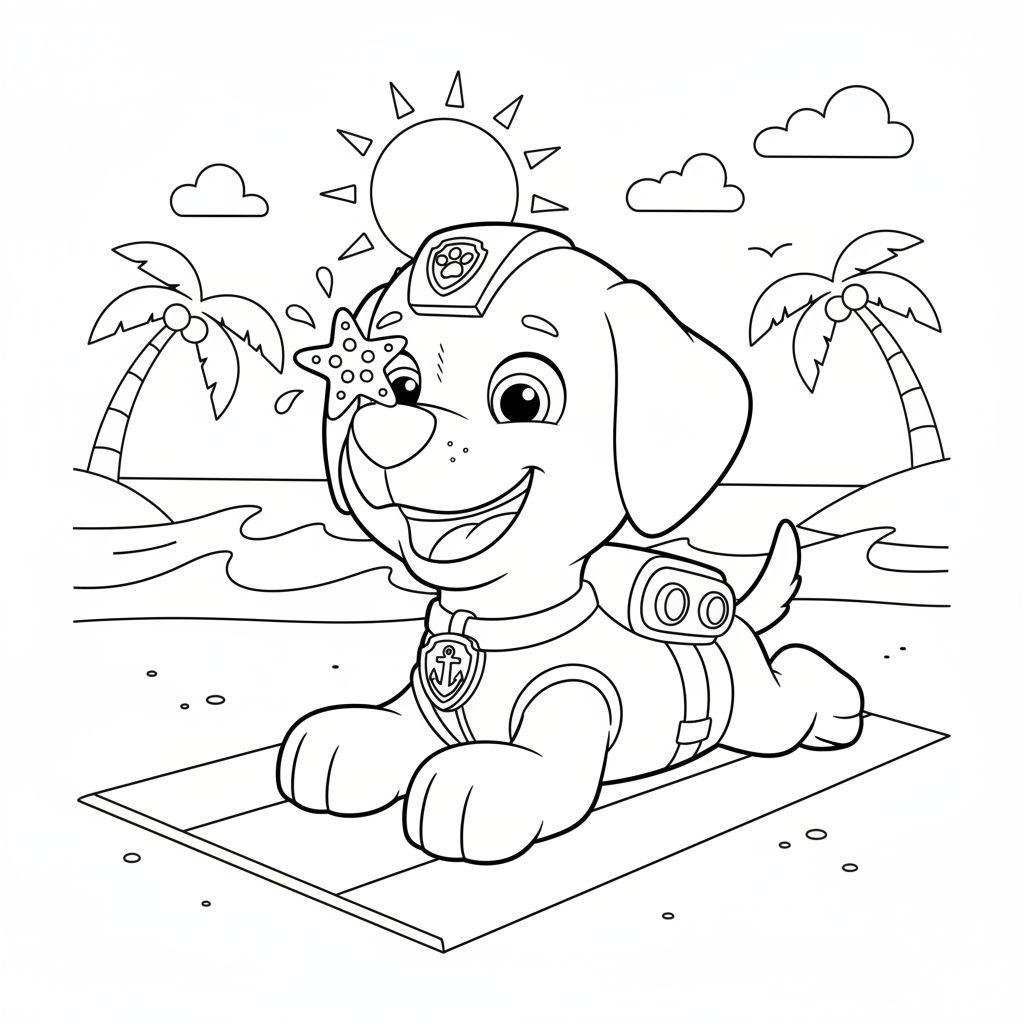 Zuma der Hund liegt auf einem Strandtuch am Strand, lacht, hat einen Seestern auf der Nase und trägt eine Kappe mit Pfotenabdruck und ein Anker-Geschirr. Im Hintergrund sind Meer, Palmen und Sonne. Schwarz-weiß Ausmalbild.