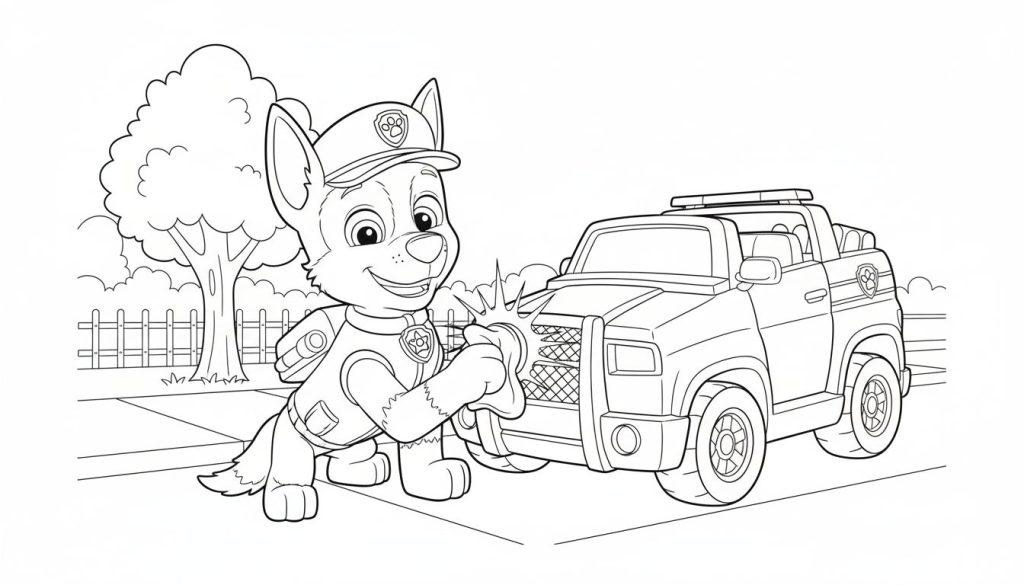 Ausmalbild: Paw Patrol Polizeihund Chase mit Polizeiauto. Chase berührt den Scheinwerfer des Wagens, funkelnde Linien. Schwarz-weiße Skizze.