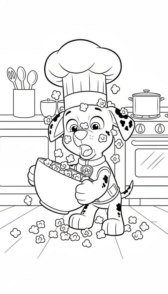 Marshall aus Paw Patrol als Koch mit Kochmütze und Uniform, steht in einer Küche und ist überrascht, weil er eine große Schüssel Popcorn verschüttet hat, das nun um ihn herum und auf dem Boden liegt.