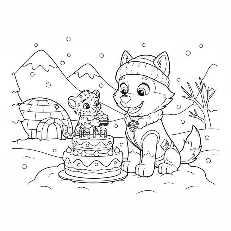 Ausmalbild von Everest dem Husky und einem Schneeleopard-Welpen, die einen Geburtstagskuchen vor einem Iglu im verschneiten Winter feiern.