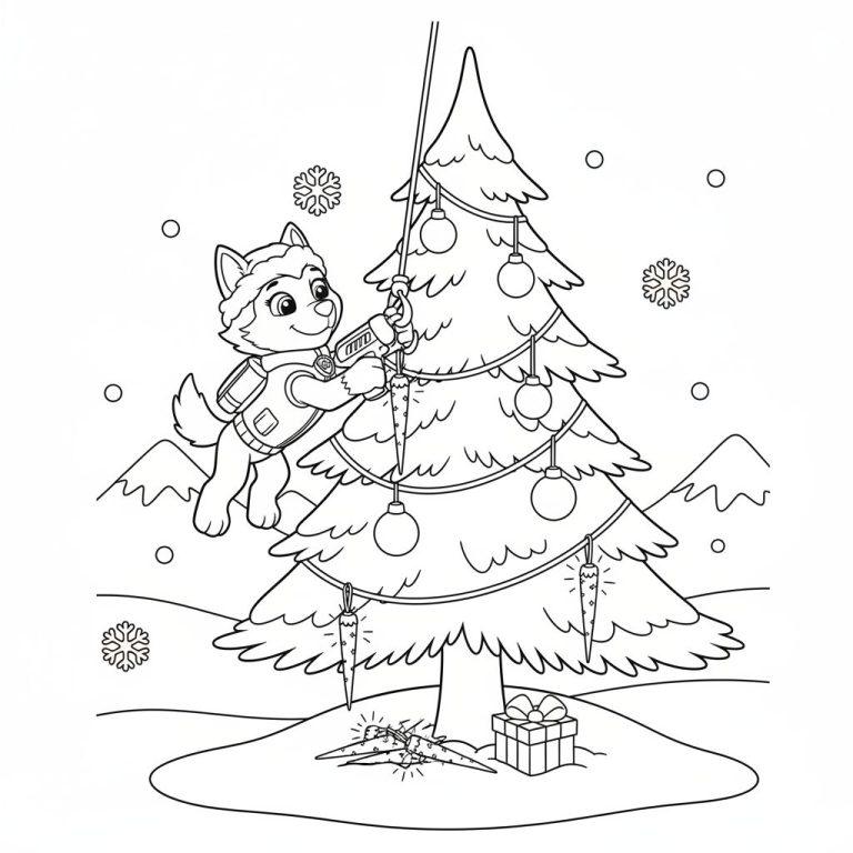Eine Schwarz-Weiß-Zeichnung von Everest von Paw Patrol, einem fröhlichen Husky-Hund, der einen großen Weihnachtsbaum in einer verschneiten Landschaft schmückt. Der Baum ist mit Kugeln und Lichtern verziert. Ein Geschenk liegt daneben, und Schneeflocken fallen im Hintergrund.