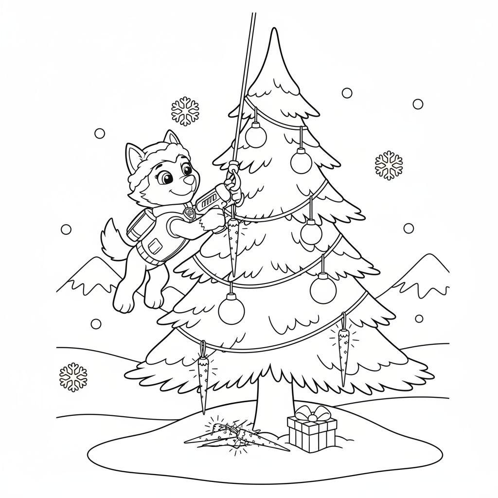 Eine Schwarz-Weiß-Zeichnung von Everest von Paw Patrol, einem fröhlichen Husky-Hund, der einen großen Weihnachtsbaum in einer verschneiten Landschaft schmückt. Der Baum ist mit Kugeln und Lichtern verziert. Ein Geschenk liegt daneben, und Schneeflocken fallen im Hintergrund.