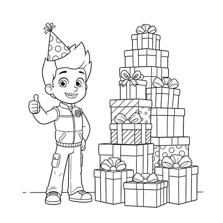 Ryder Malvorlage: Lächelnder Junge mit Partyhut, Daumen hoch, neben großem Geschenketurm.