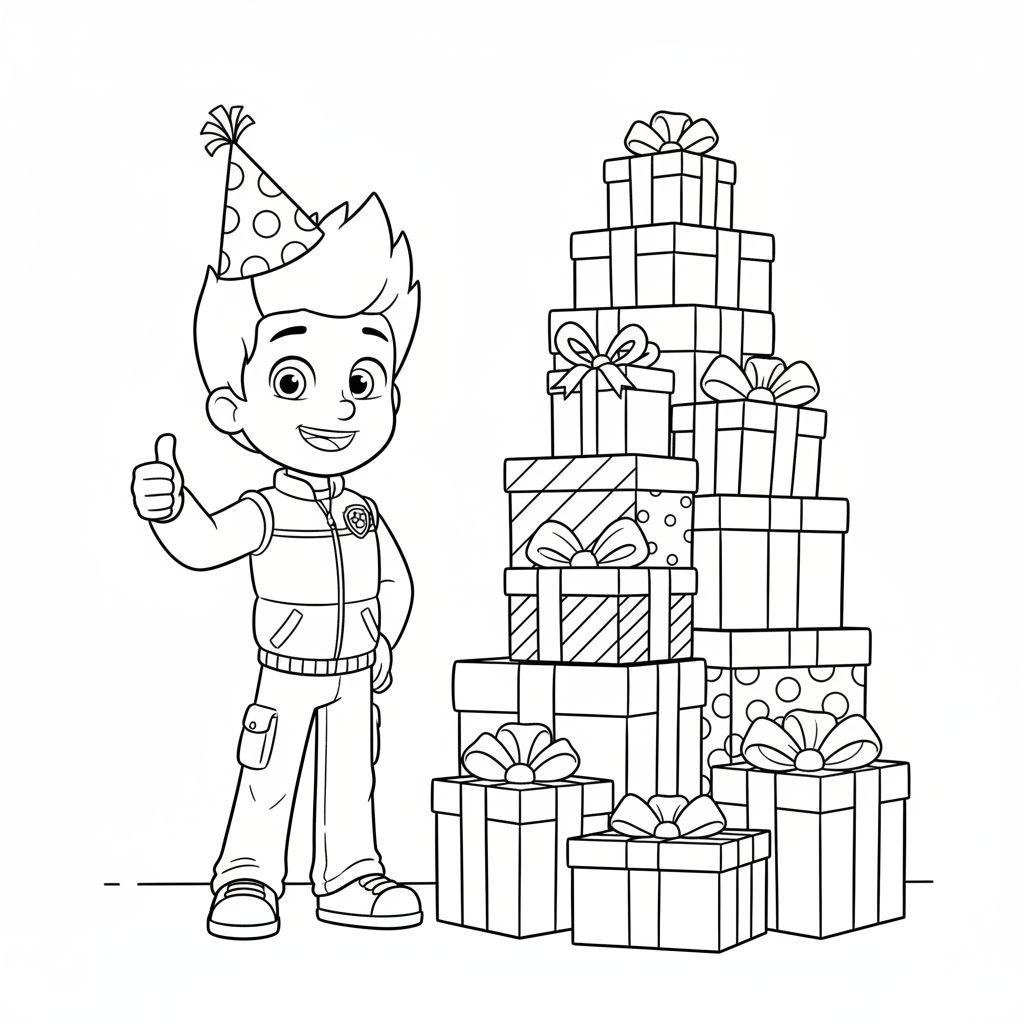 Ryder Malvorlage: Lächelnder Junge mit Partyhut, Daumen hoch, neben großem Geschenketurm.
